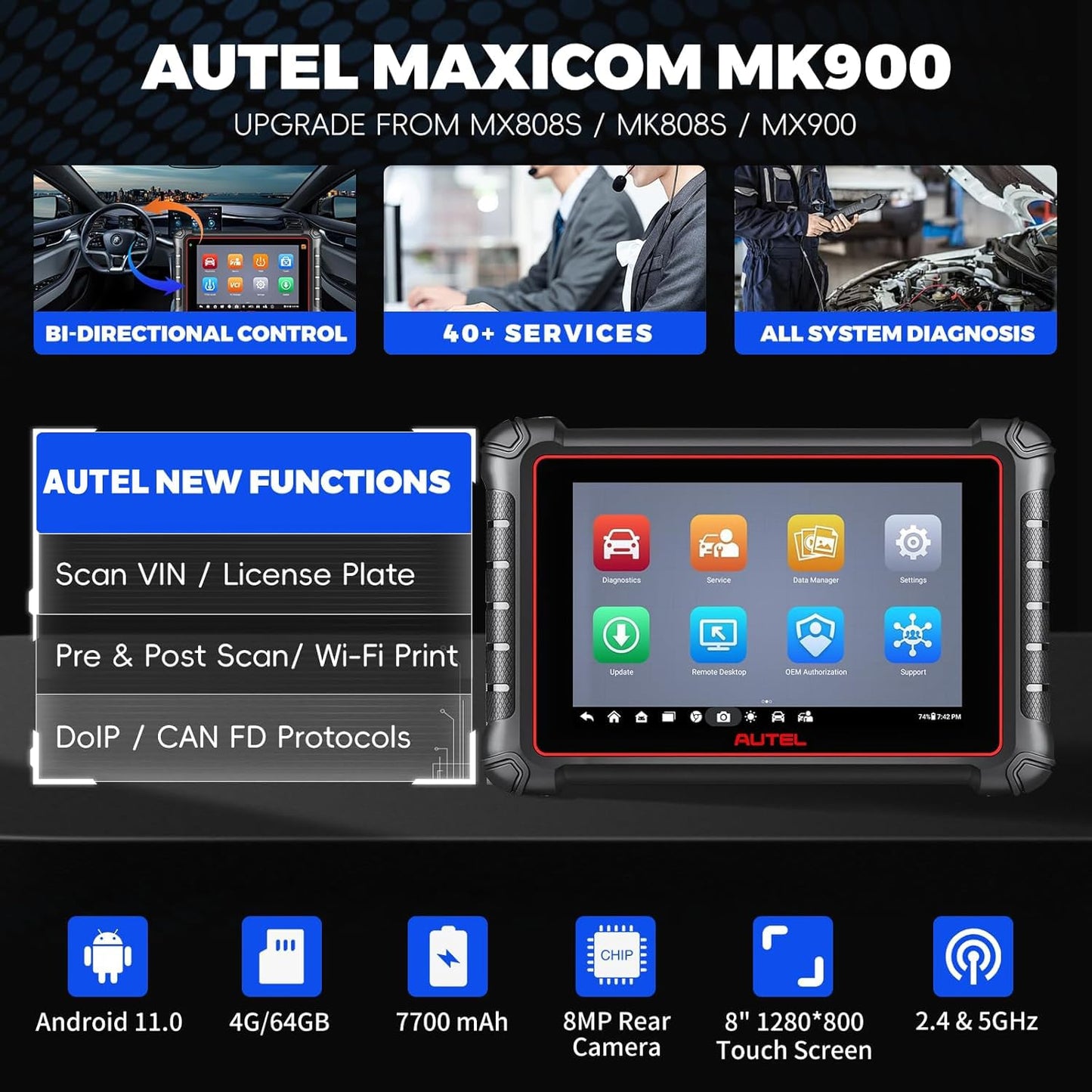 Autel MaxiCOM MK900 Bidirectional Scanner, New Autel Scanner Upgrade from MK808S MX808S MK808Z, 40+ OBD2 Service Mode, All System Scan Tool for Car, WiFi Print, DoIP CAN FD, FCA Auto Auth