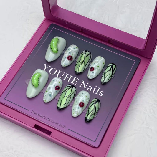 Threelegscat Press on Nails Almond Medium Handmade Fake Nails with Cute Leaf Designs for Women and Girls Size L 10pcs
