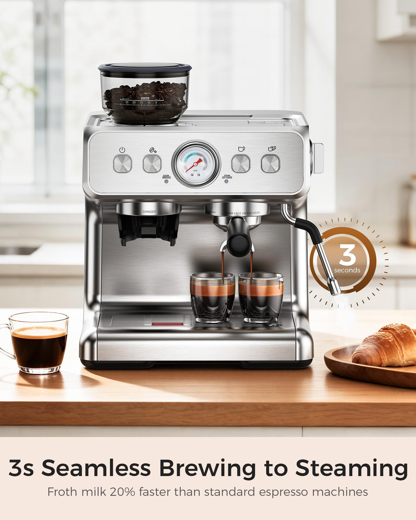 COWSAR Espresso Machine with Grinder, Commercial Expresso Coffee Machines with Dual Boiler, Use Milk Frother and Brew Coffee Machine Simultaneously, Coffee Maker Cappuccino Latte, 95oz Water Tank