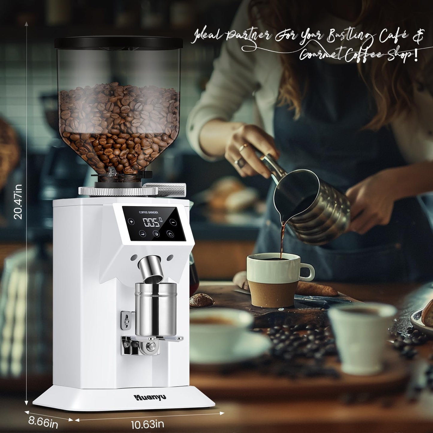 Huanyu Commercial Coffee Grinder with 74mm Flat Burr Reinforced 53oz Bean Hopper (40% Thicker), 15 Stepless Grinds, Touch Screen White