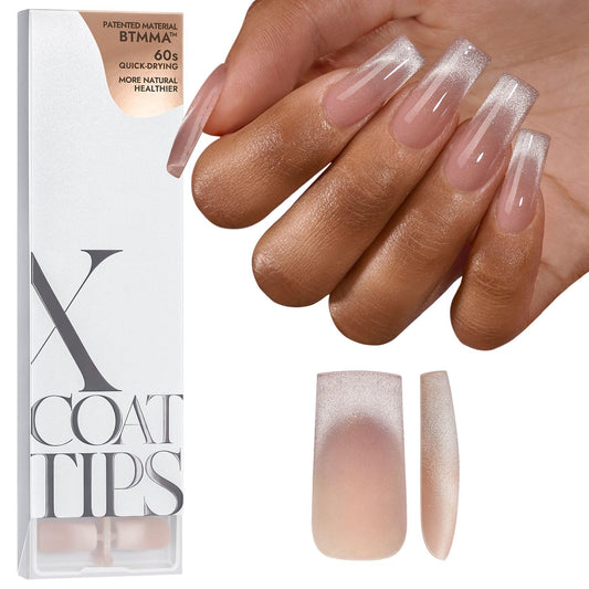 BTArtboxnails XCOATTIPS Press on Nails - Cat Eye French Tip Nails Long Square Nail Tips, Soft Gel False Nail, Soak Off Acrylic Fake Nails Extensions