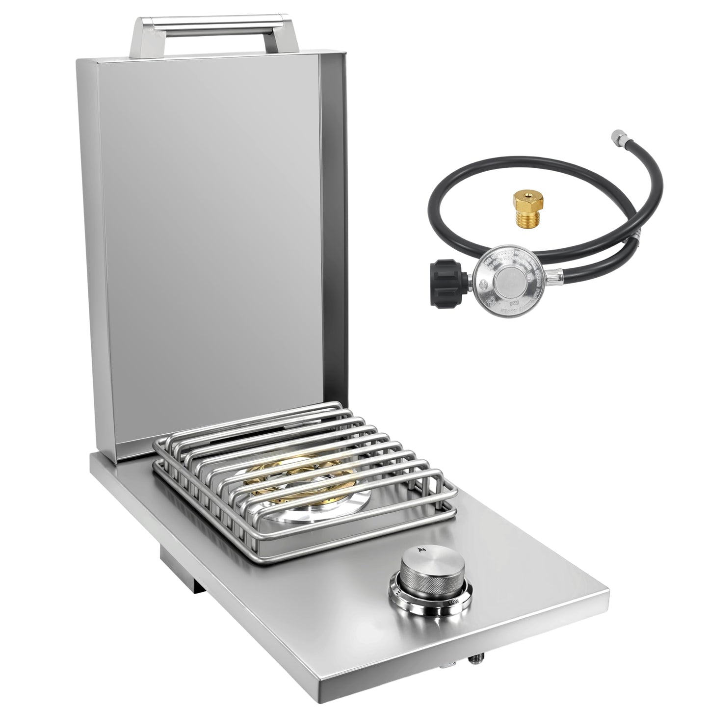 Qualipo Single Grilling Side Burner, 15,000BTU Liquid Propane for Outdoor Kitchen, Heavy-Duty 304 Stainless Steel, Convertible to Natural Gas, Built-in Single Side Burner for BBQ Grill Island