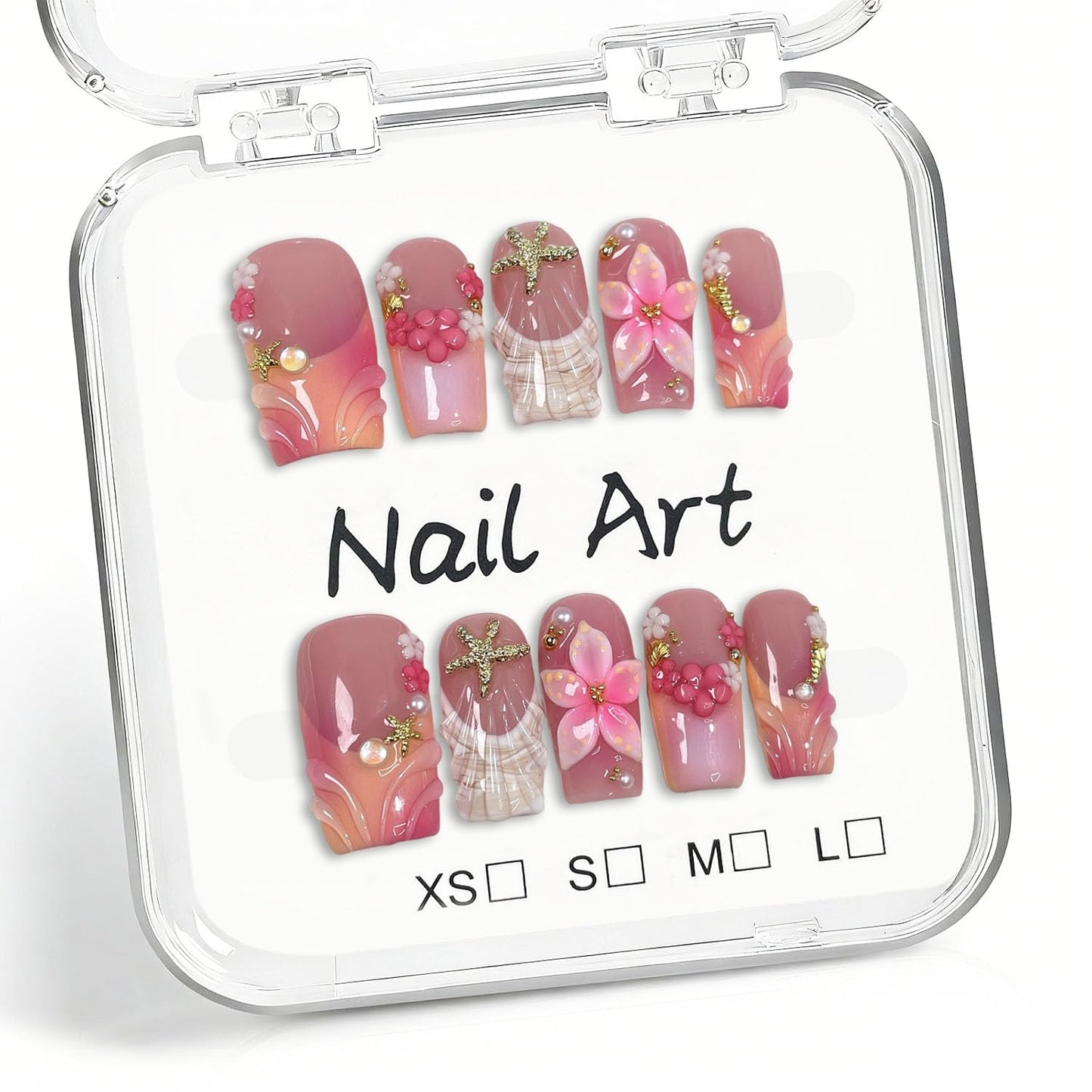 Handmade Press on Nails Square Shape Luxury Medium Handmade Nails with Flower & Starfish Design Pink Gradeint French Tip False Nails Muti-Layer Gel Stick on Nail for Women 10Pcs (M)