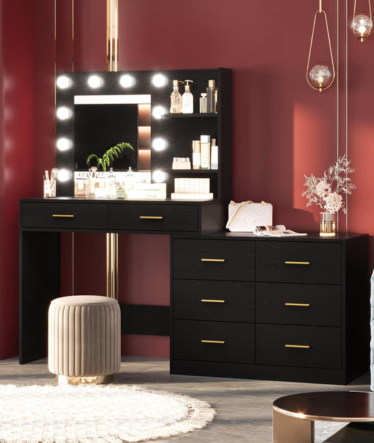 Vanity Desk Table with Lighted Mirror 45.6“ Girls Makeup Vanity with Power Outlet, 3 Colors Lighting Adjustable,8 Stroge Drawers, Brightness Vanity Table for Women Bedroom Dressing Room
