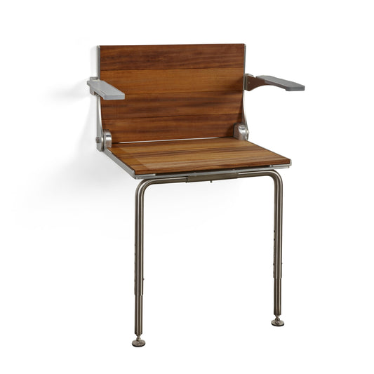 Silhouette Comfort Plus Folding Shower Seat with Armrests & Legs – Heavy-Duty Wall-Mounted Shower Bench, Teak Wood Seat with Silver Frame