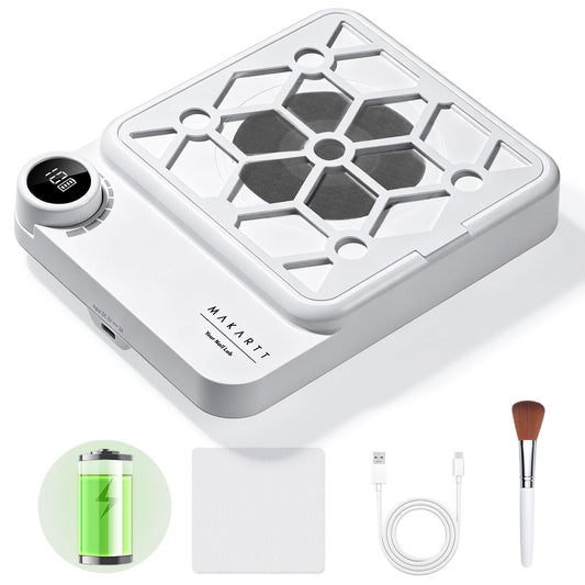 Makartt Compact Rechargeable Nail Dust Collector - 5500RPM Dust Collector Nail Tech ERYNOS Adjustable Speed,Quiet for Polishing Cuticle Manicure Salon&Home Use With 10pcs Filters&Dust Brush White