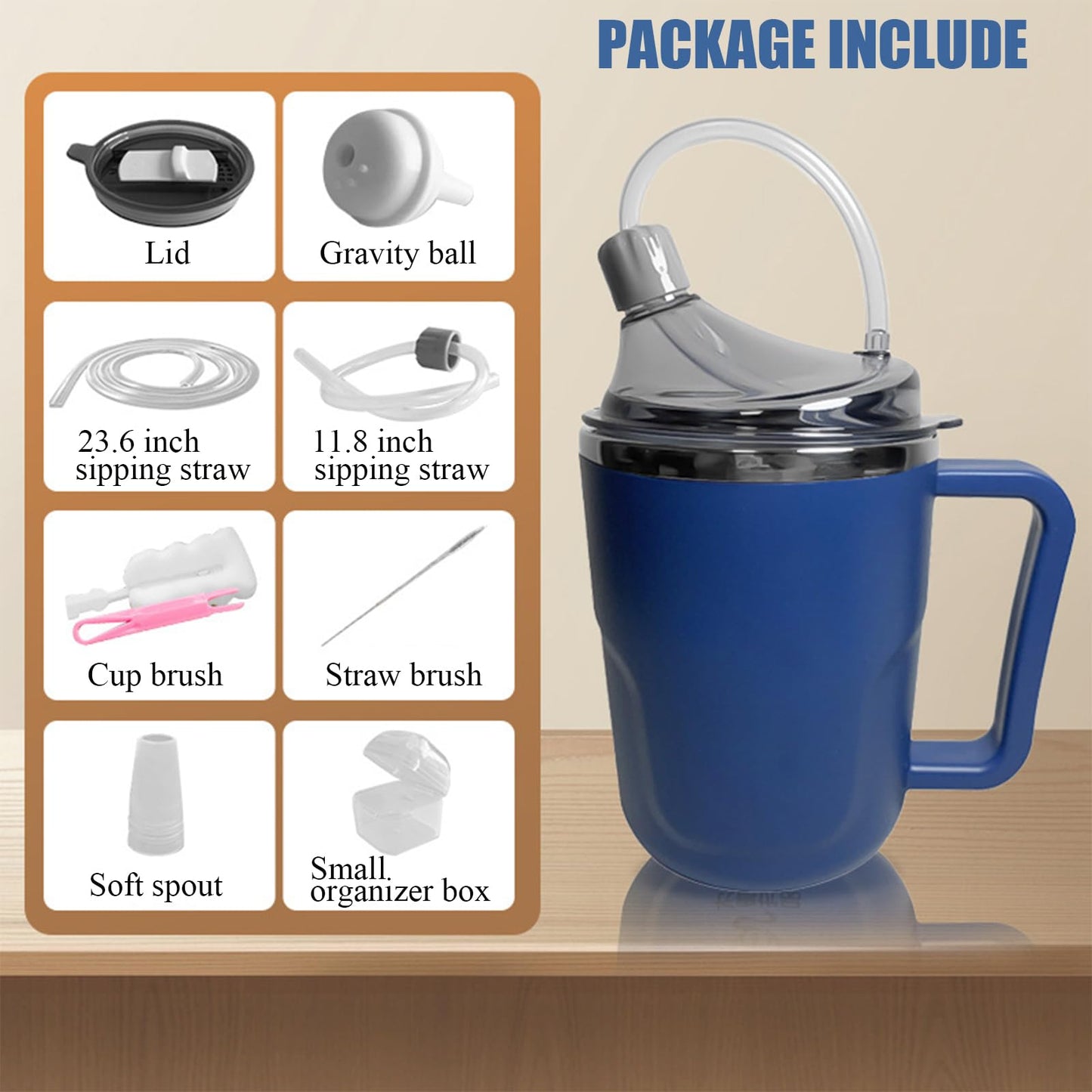 ACUDUDOMA Adult Spill Proof Cup for Elderly, 3 in 1 Stainless Steel Sippy Cup with Straw and 2 Lids, Suitable for Seniors Disabled Patients Limited Mobility, 14 OZ