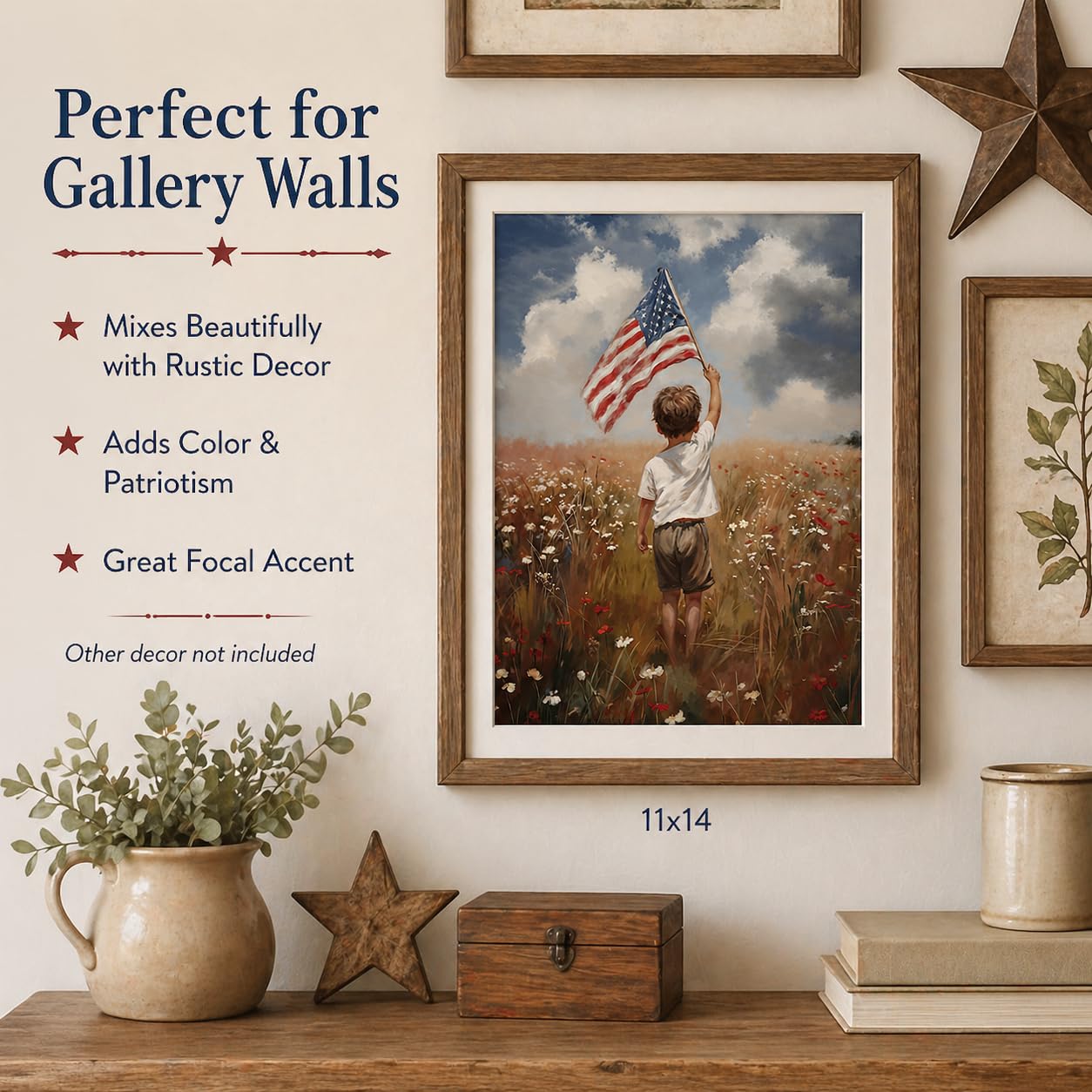 America the Beautiful Painting-11x14 Unframed Poster- Boy Holding American Flag in Meadow of Wildflowers, 4th of July Living Room or Kids Room Decor, USA Freedom Landscape, Youthful Patriotism Artwork