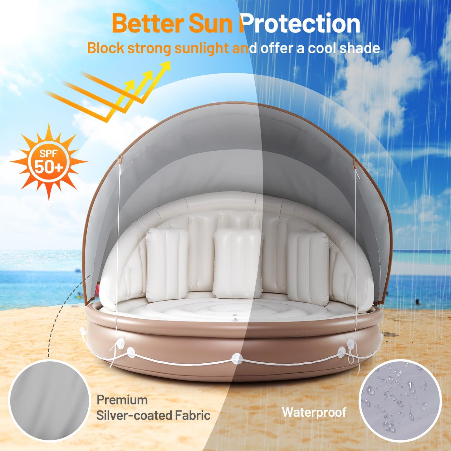 SPORFIT Tanning Pool Lounger with Canopy, 73" Inflatable Floating Island 2 Person w/UPF 50 Detachable Sunshade, Comfy Backrest & 3 Pillows, 440LBS Max Load, Pool Floats Adult for Lake Beach Backyard