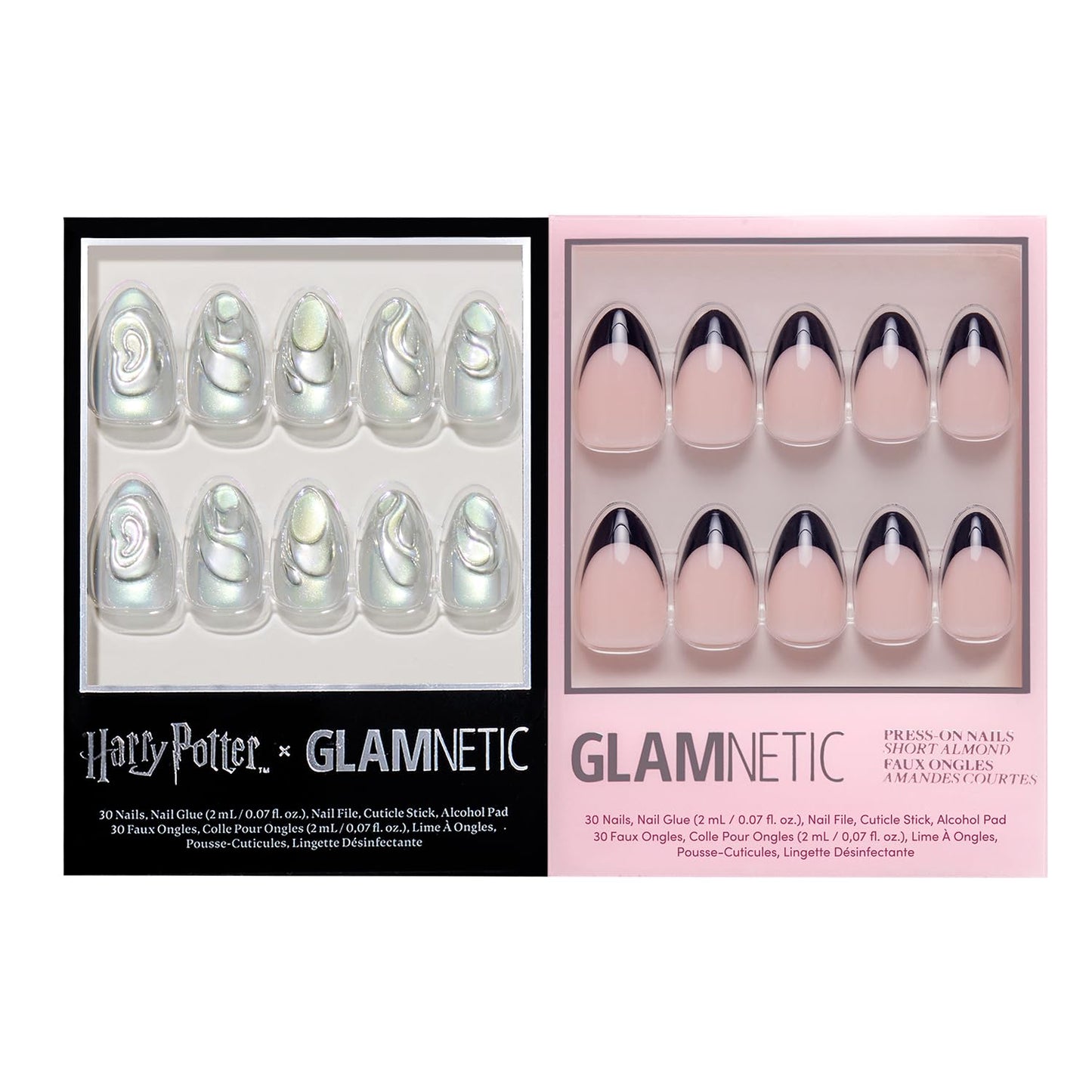 Harry Potter™ x Glamnetic Press-On Nails Bundle - Unicorn Blood & Caviar | Short Almond Fake Nails with Silver Chrome & 3D Swirl Design, Officially Licensed | Short Almond Black French Tip False Nails