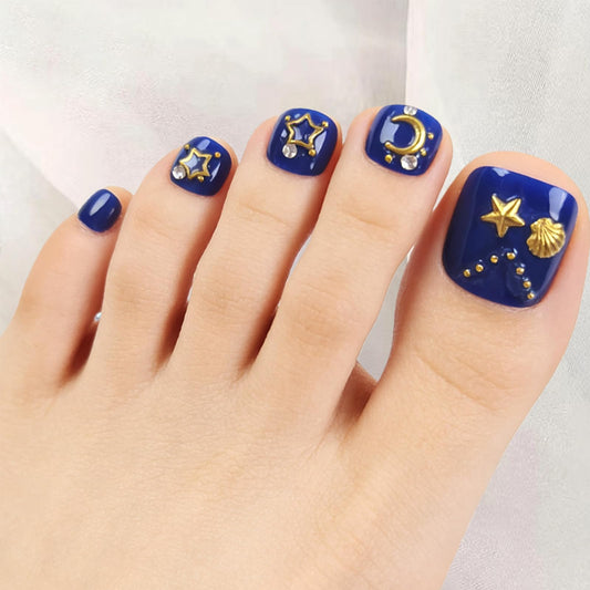 Navy Blue Press on Toenails with Shell Starfish Charms Gold Star Moon Design Fake Toe Nails Glossy Acrylic Toenails Artificial Toe Nails Glue on Summer Press on Toes for Women 24Pcs