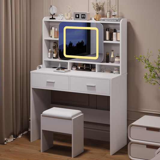 GOCAPTAIN Vanity Desk Makeup Vanity Table with Slides Mirror LED Lights 3 Intensities, Dressing Table Set with Stool, 5 Storage Shelves 2 Drawers, Plugboard and Hanger, 15.8" x 39.4" x 54.3"