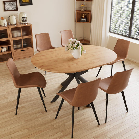 HIPIHOM 43.2"-59.1" Extendable Round Dining Table Set, Mid Century Wooden Round Kitchen Table, Oak Coffee Table for 4-6 Person,PU Leather Chair