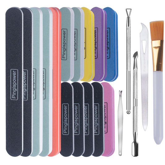 Pingispower Nail Files and Buffers, 20PCS Professional Nail File & Nail Polishing Buffer Block for Natural Nails, 100/180 & 600/3000 Grit Double Sided & Reusable Manicure Kit for Women at Home Salon