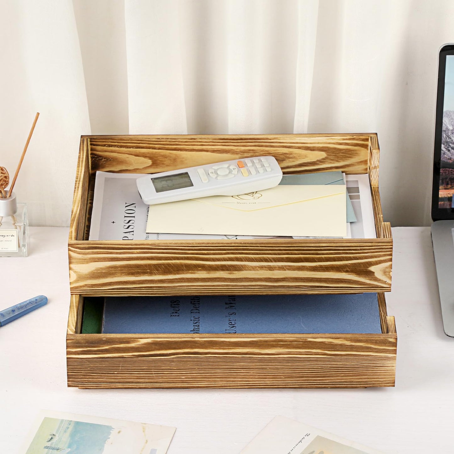 BTSKY Wood Letter Tray Front-Load Document Organizer for Office Desktop Organizer - Desk Magazine, File Folder, Paper Holder - Stackable Paper Document File Tray, 2 Pack