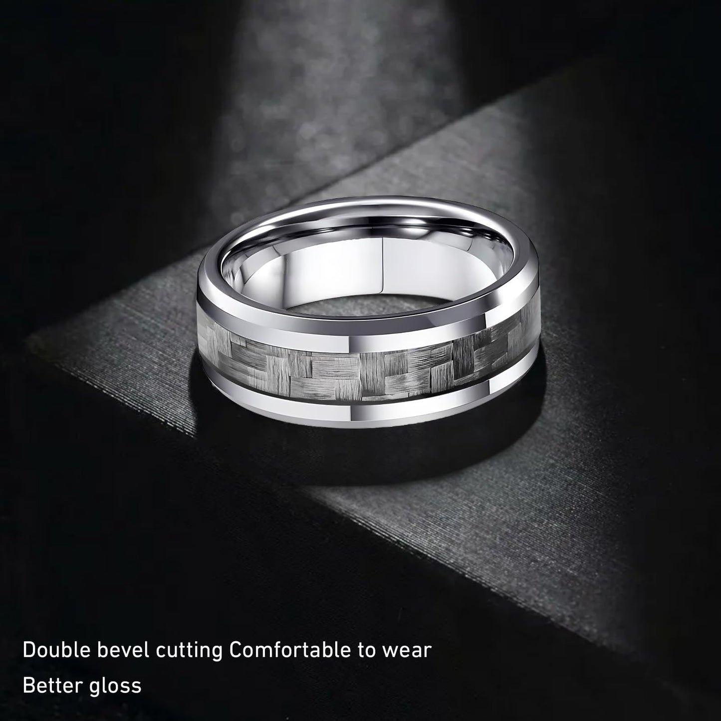HJIMMNHONG New Carbon Fiber Fashion Rings Double Beveled Edge Delicate Polished Simple Stainless Steel Mens and Women Rings,8mm,Grey,Size8