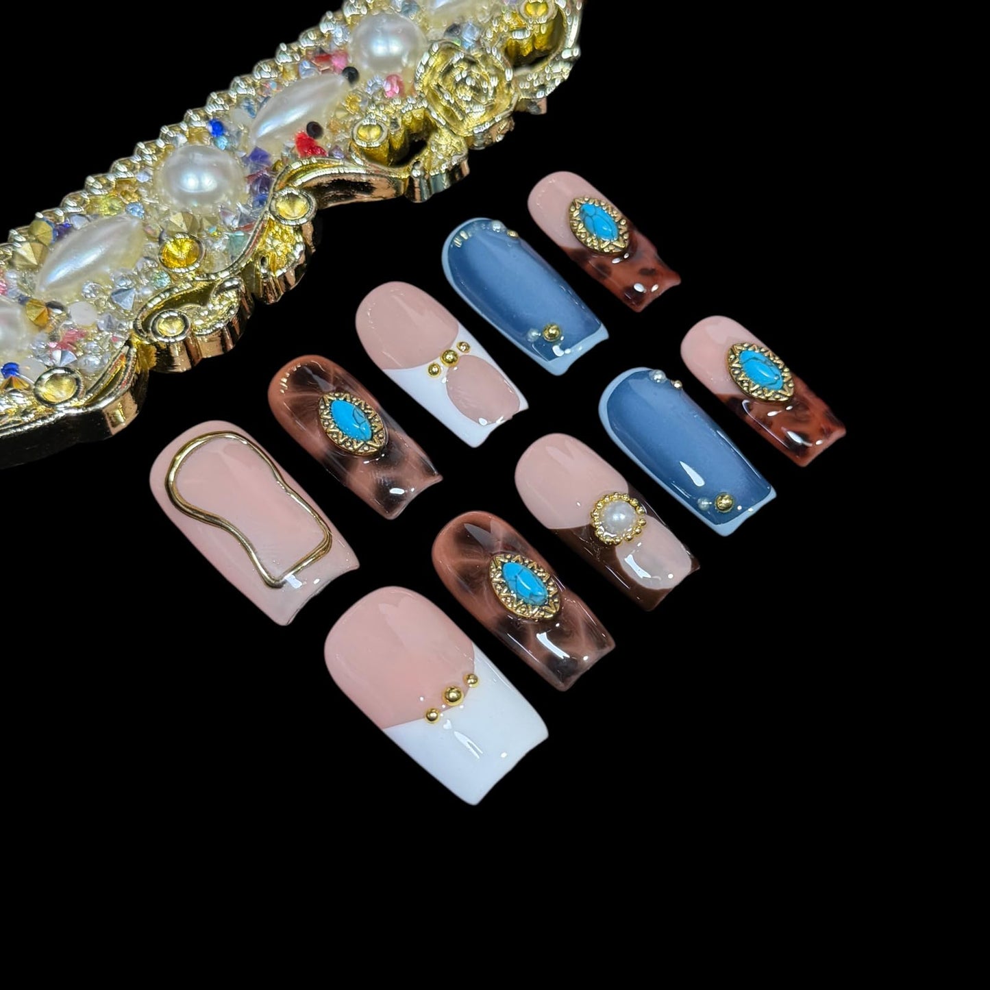 Handmade Press on Nails - Turquoise & White French Tip Short/Medium Square Shape, Amber Print Acrylic Reusable False Nails with Pearl Accents (Turquoise, L)
