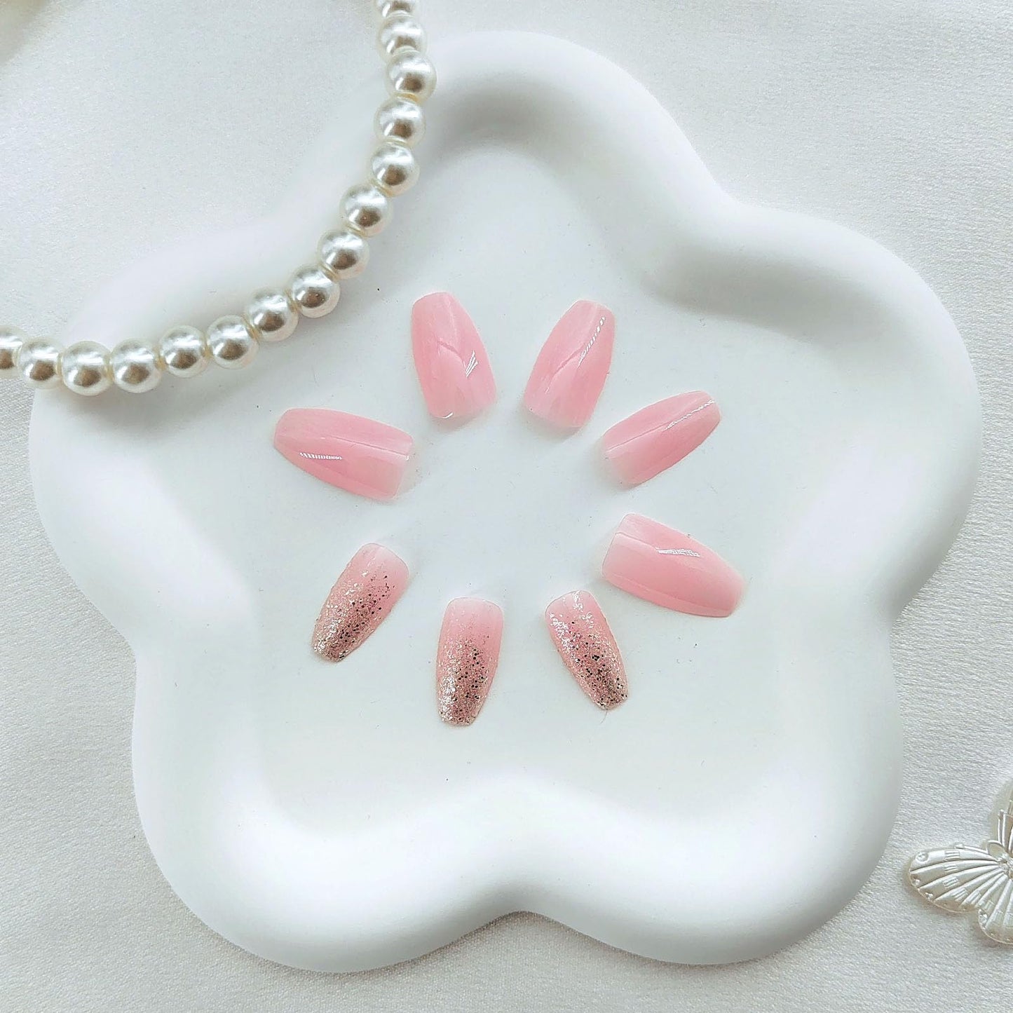 Light Pink Press on Nails Short Coffin Fake Nails Shimmer Bling False Nails with Silver Glitter Designs Gradient Glue on Nails Full Cover Acrylic Nails for Women 24 Pcs