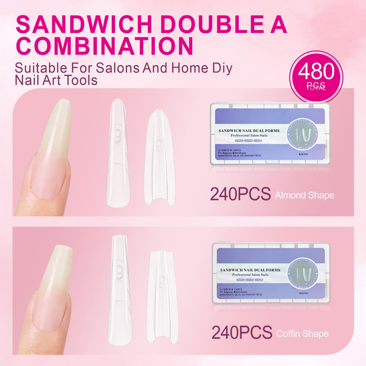 480 PCS Sandwich Nails Dual Forms, DIY Quick Extensions - 15 Sizes Clear Plastic Form Kit, Long Rectangular & Long Almond Nail Molds for, Top & Bottom Dual, No Paper Forms Needed, Salon Manicure Art