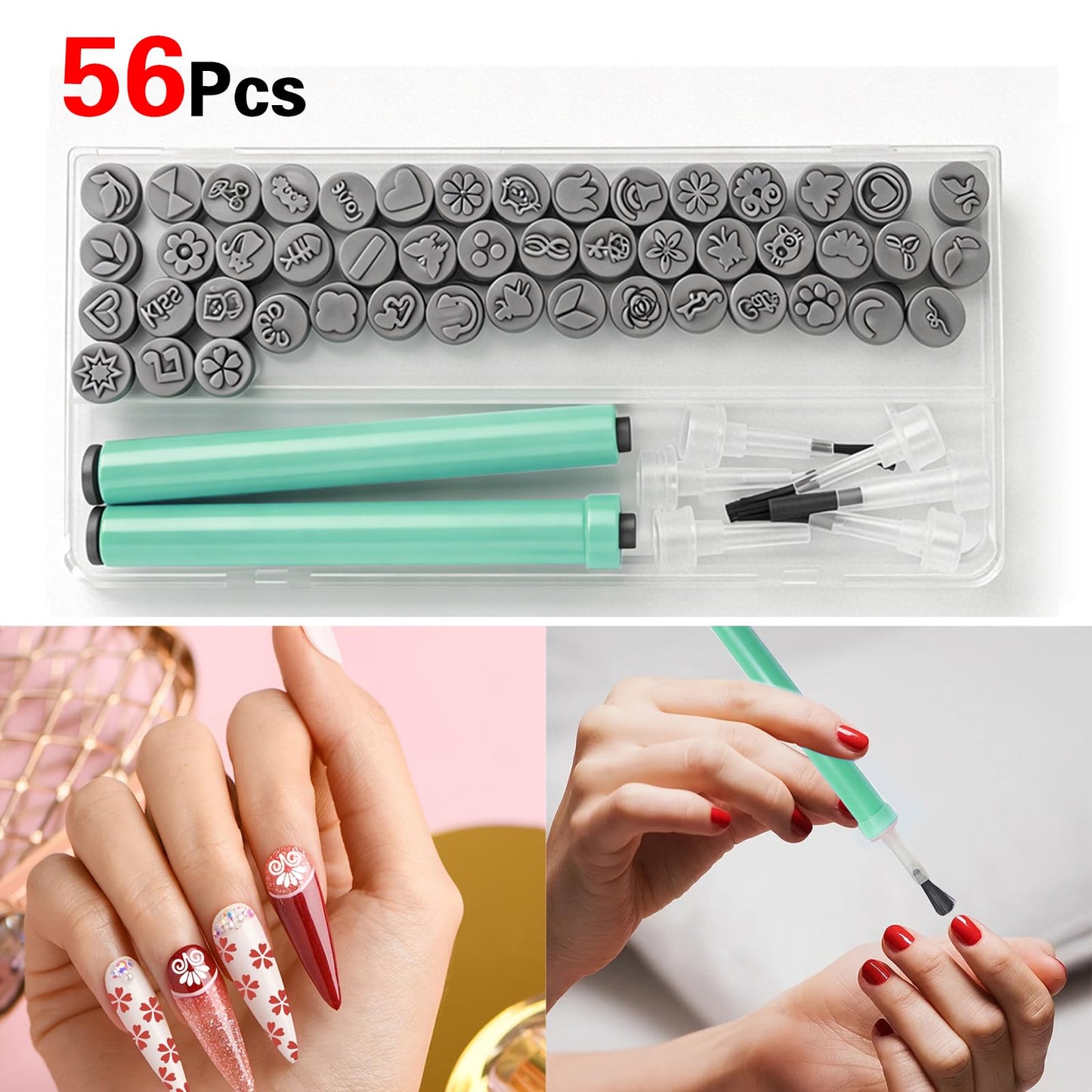 56Pcs Nail Stamp Pen Set, Nail Art Pens, Quick Nail Art Tools with Different Patterns, Flower Butterfly Rose DIY Nail Stamping Pen Kit, Nail Design Tools for Women