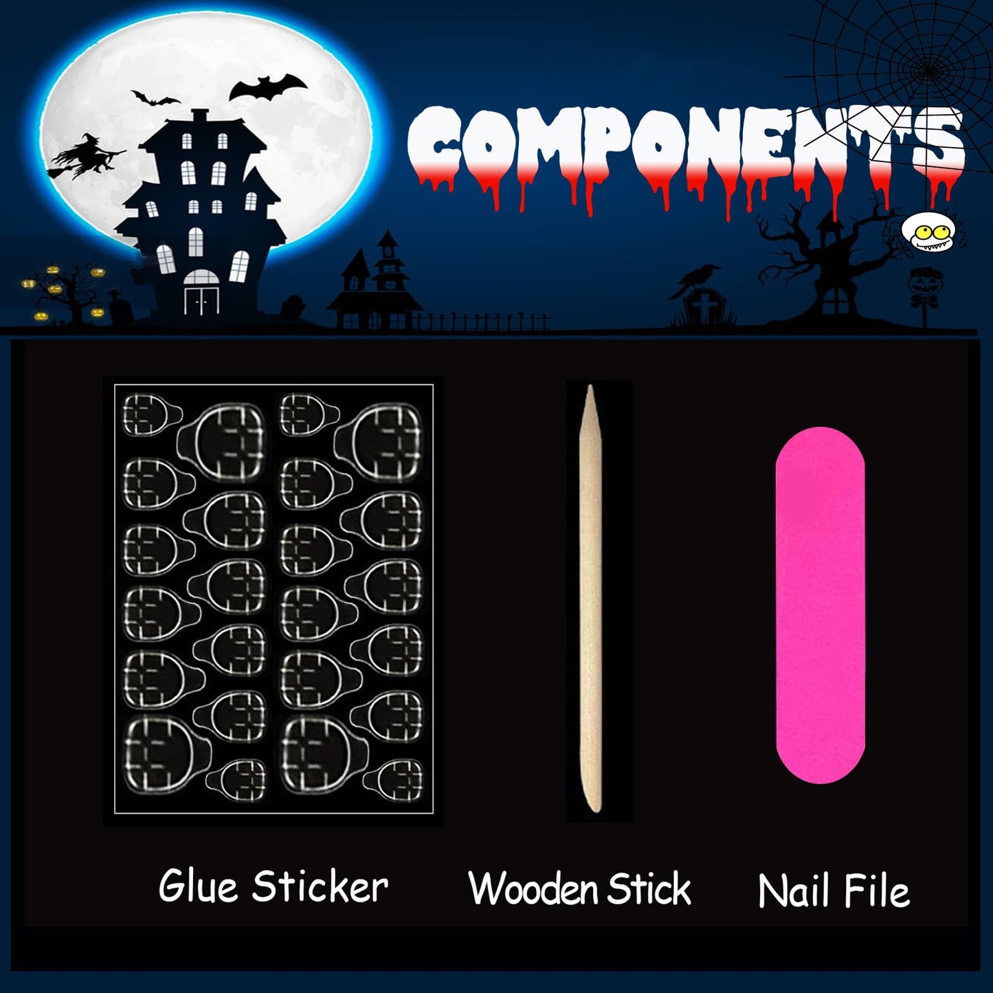 Halloween Press on Nails Long Coffin Fake Nails Spider Web Glue on Nails Cute Ghost Stick on Nails Square Nude Acrylic Nails Press ons for Women Manicure 24 Pcs