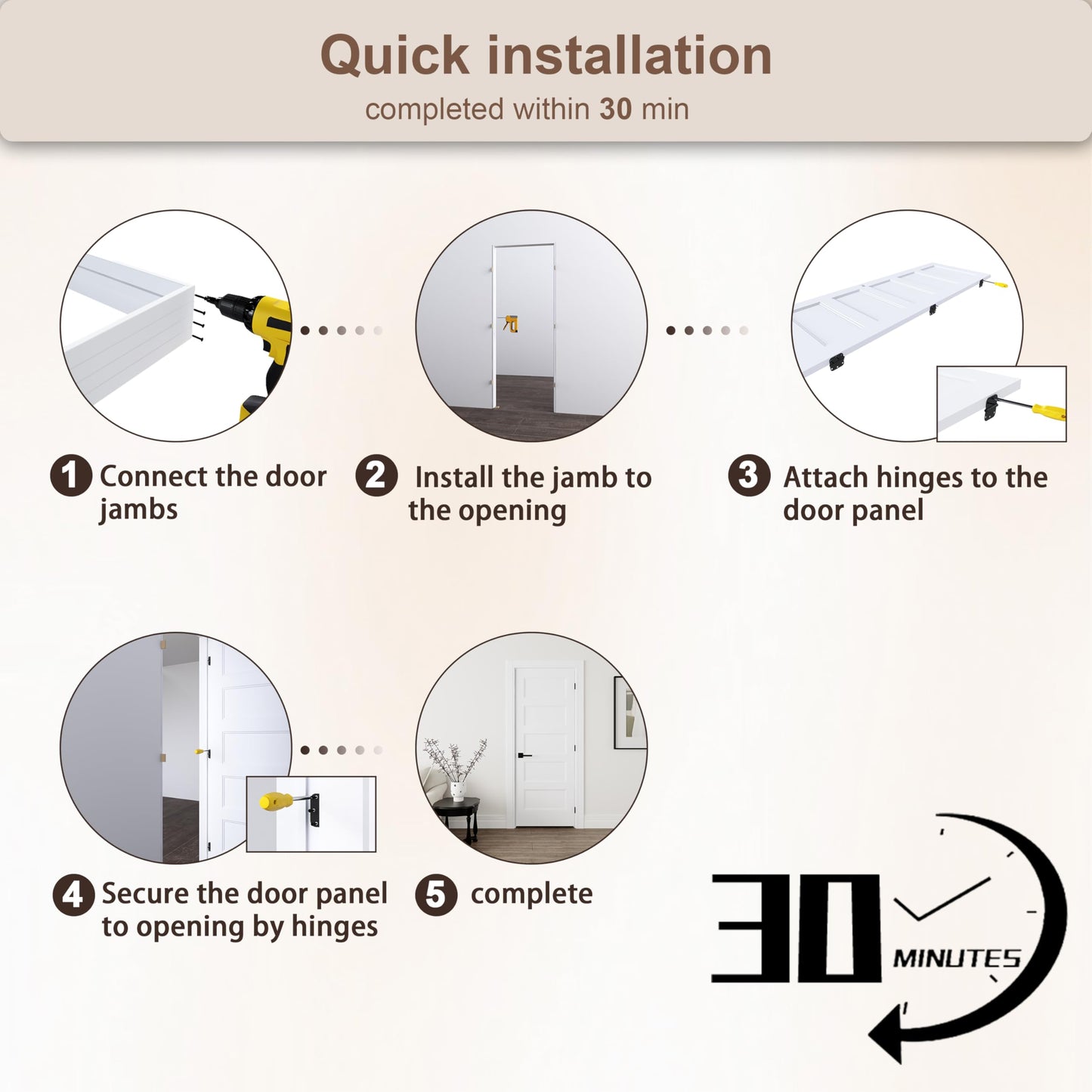 JUBEST 32"x80" Left-Hand Prehung Interior Door with Knock Down Jamb Kit & Matte Black Hinges, 5-Panel White Primed Hollow Core Molded Door Slab with Bore & Hinge Cutout, Durable & Sturdy, No Handle