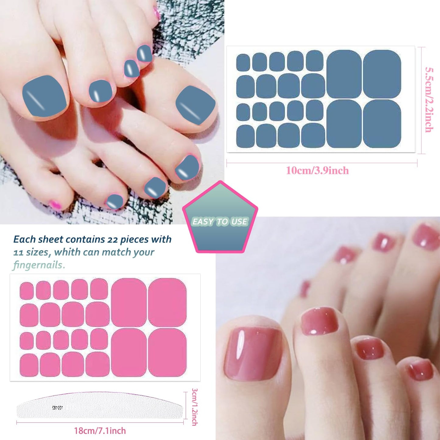 JERCLITY 440 Pieces 20 Sheets Toenail Strips for Women Nail Art Wraps Toe Nail Stickers Nail Wraps for Toes Nail Polish Strips Nail Polish Stickers for Toenails Color Strips