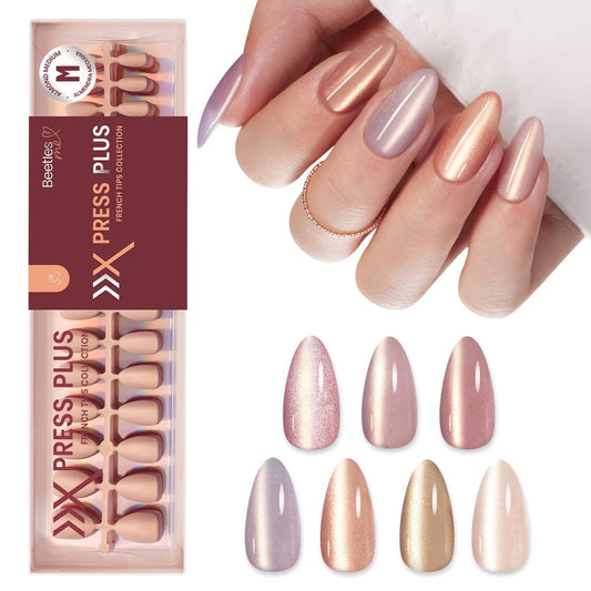 Beetles Cat Eye Nails - 7 Colors Nude Medium Almond Press On Nails | 16 Sizes 224 Pcs Natural Salon Quality Glitter Chasing Light Cateye Nails For Women