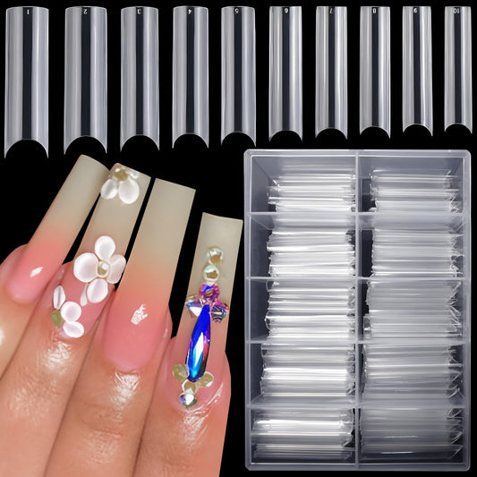 LoveOurHome 200pc XL C Curve Nail Tips Extra Long Tapered Square Fake Nails Half Cover Clear Artificial Nail Art Tips 10 Size False Nails Tech Supplies for Gel Acrylic Nail Extension