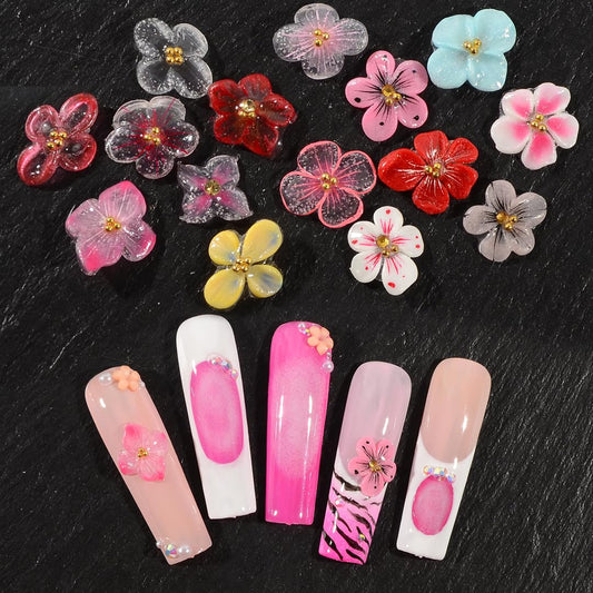 QIMYAR 30PCS/Box Spring Summer Handmade Flower Nail Art Charms Set, 15 Designs Hand Sculpted Acrylic Flowers 3D Cherry Blossom Apricot Nail Art Floral Salon Decoration for Women Girls