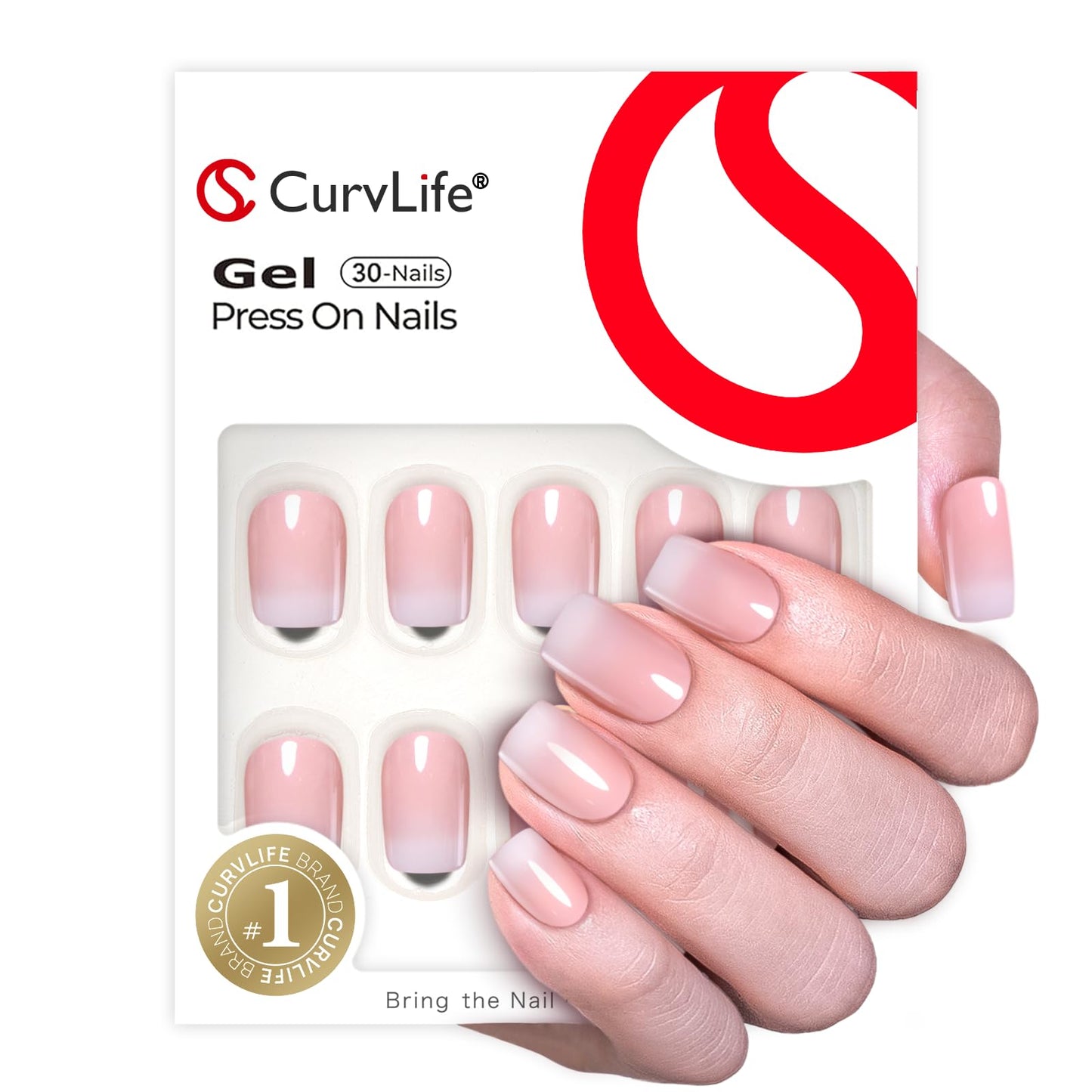 Curvlife Press on Nails Acrylic Fake Nails with French Gradient Pink Design Full Cover False Nails for Women Reusable Nail Kit with Nail Glue Adhesive Tabs
