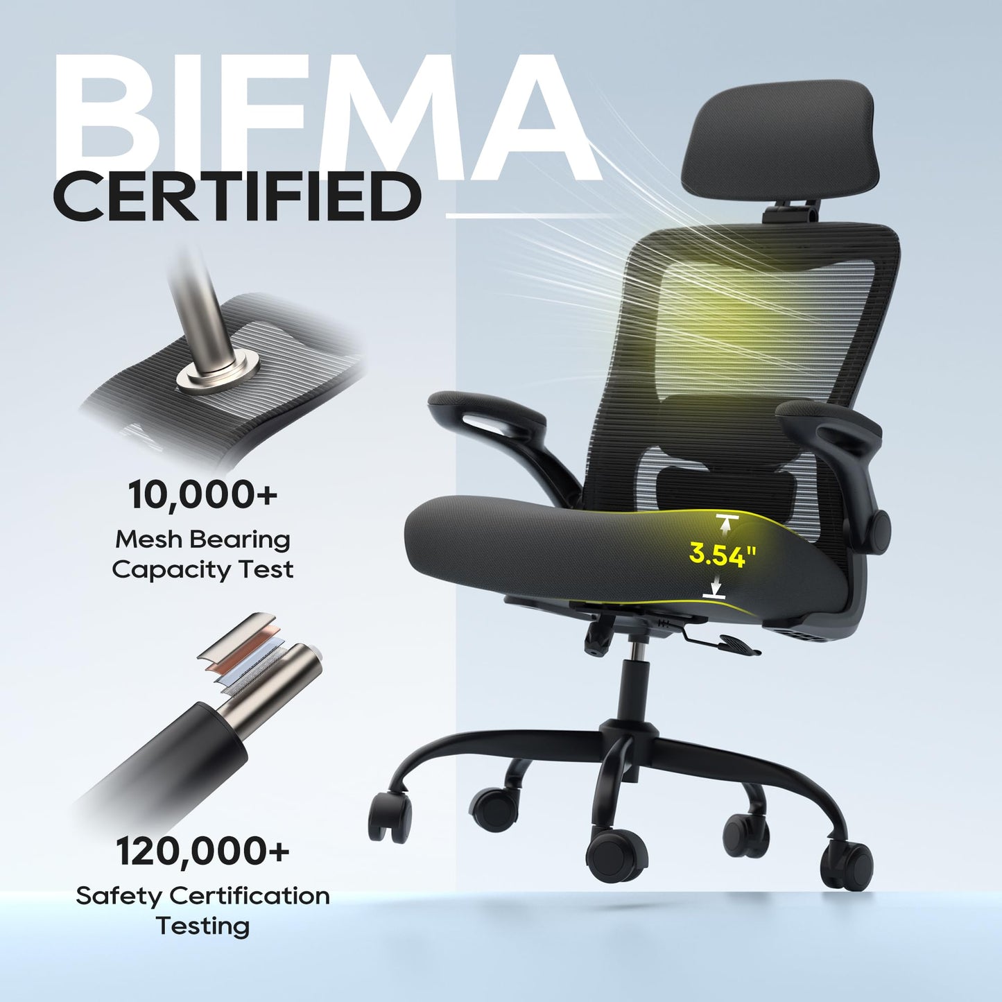 Zeonsit Ergonomic Office Chair, High Back Mesh Desk Chair with Adjustable Lumbar Support & Headrest, Flip-up Armrest, Computer Task Chairs for Home and Executive Office (B-Black)