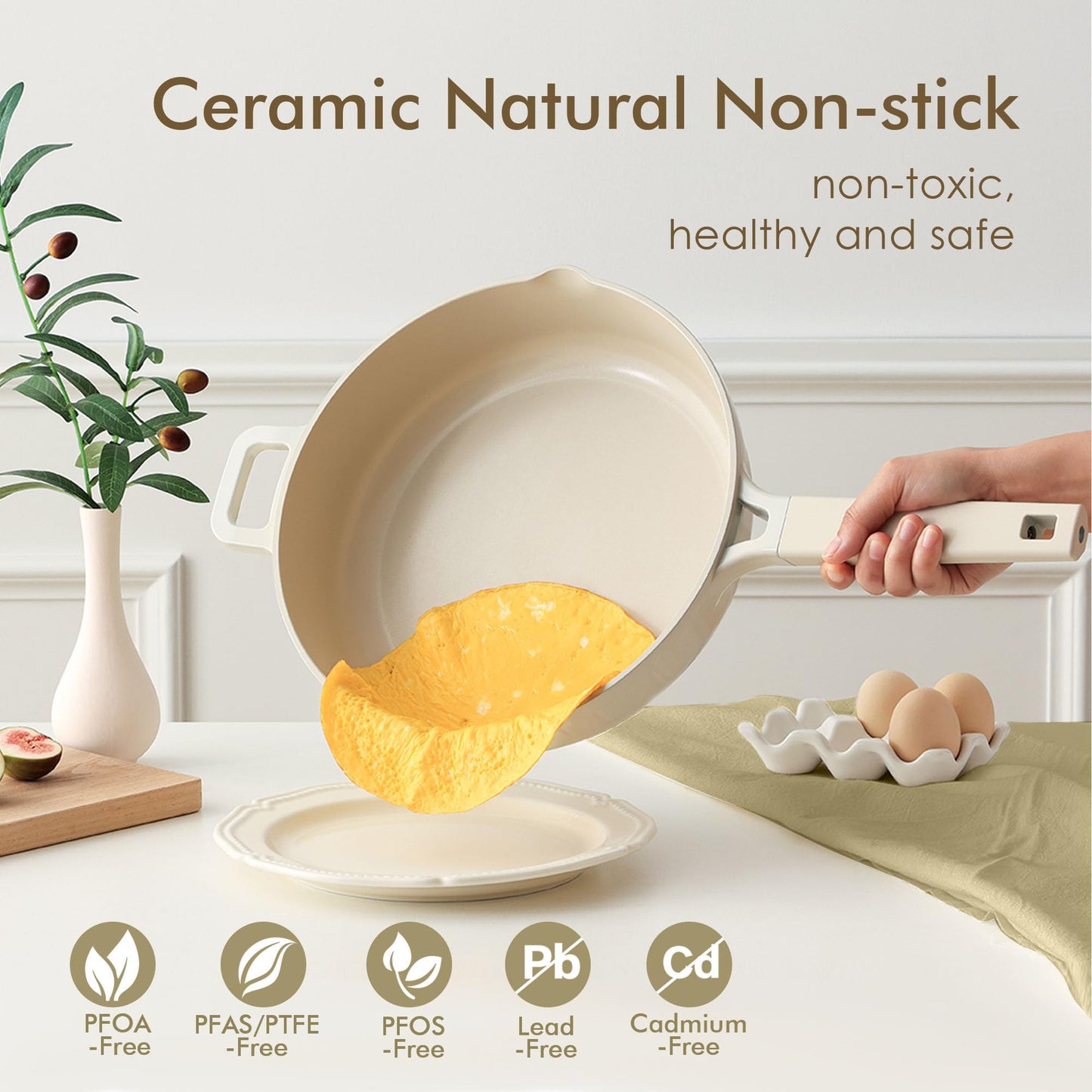 SENSARTE Ceramic Cookware Set Non-toxic 14 Pcs, Nonstick Pots and Pans Set, Dishwasher Safe Induction Cookware, Healthy Kitchen Cooking Set w/Die-cast Lids, PFOA/PFAS/PTFE Free