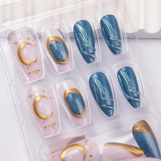 Almond Press on Nails Blue Cat Eye Fake Nails Gold Moon Star False Nails Glossy Shiny Acrylic Nails French Tip Nails Press ons Medium Glue on Nails for Women Nail Deco 24Pcs