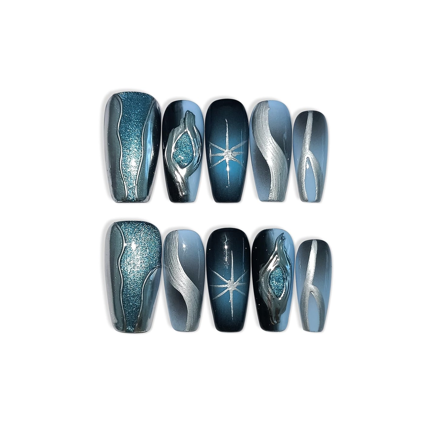 TENPAL Handmade Press On Nails With Tools,Black Blue Ombre 3D Cat Eye Coffin Fake Nails for Women,Glossy Metallic Airbrush Galaxy Designs Glue on Nails,Chrome Relief Punk Acrylic Nails 10pcs(XS)