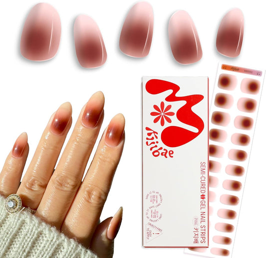 Kijibae Semi Cured Gel Polish Strips | 24pc UV LED Required Wraps | Gift Peel and Stick Nails | Coquette DIY Home Manicure | Press On Alternative (Chocolate Bar)