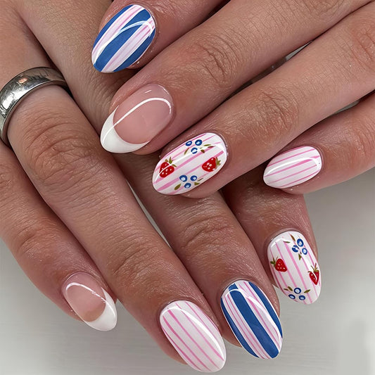 QUNQINLI White French Tip Press on Nails Short Oval Fake Nails Press ons Nail Tips Kit with Strawberry Pink Striped Design Summer False Nails Full Cover Nude Glossy Glue on Nails for Women 24 Pcs