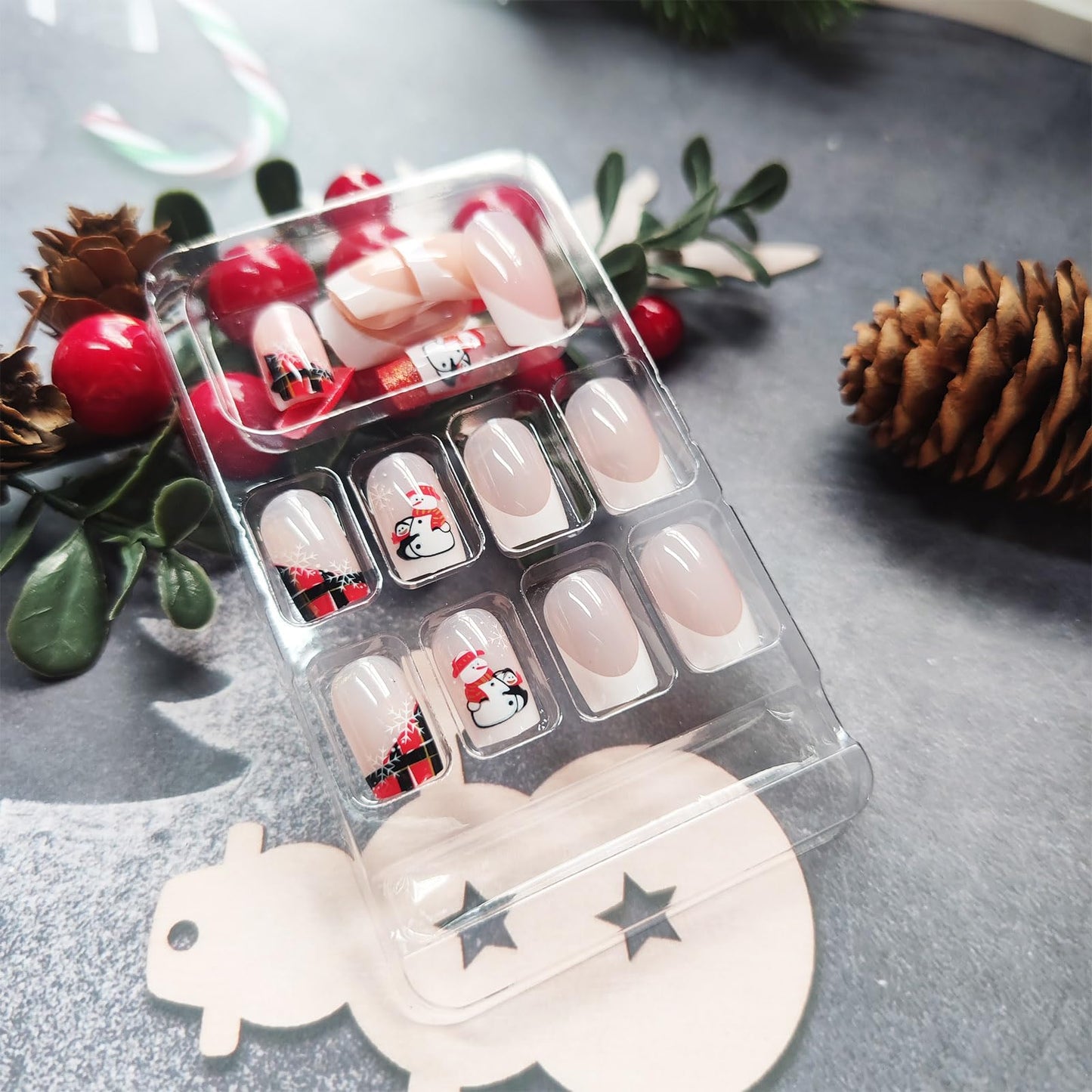 Christmas Medium Square False Nails Snowflake Press on Nails Snowman Gel Glue on Nail 24Pcs Silver Glitter Stick on Fingernails Glossy White French Tips Acrylic Fake Nail for Women Xmas Gift