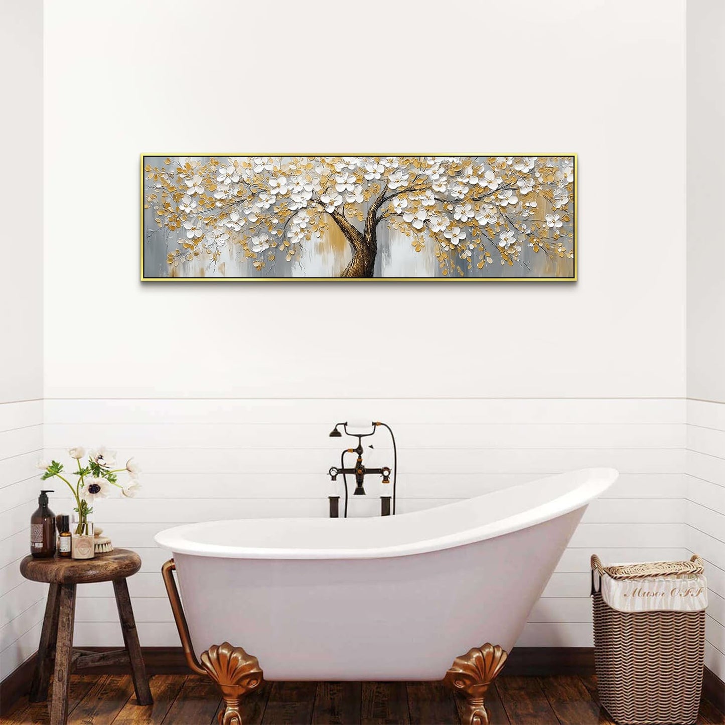 Abstract Tree Canvas Wall Art Gold Framed Modern Office Decorations,Yellow Gray Wall Decor Nature Blossom Flowers Trees Scenery Painting Poster Modern Artwork for Bedroom Home Decorations 14x48”