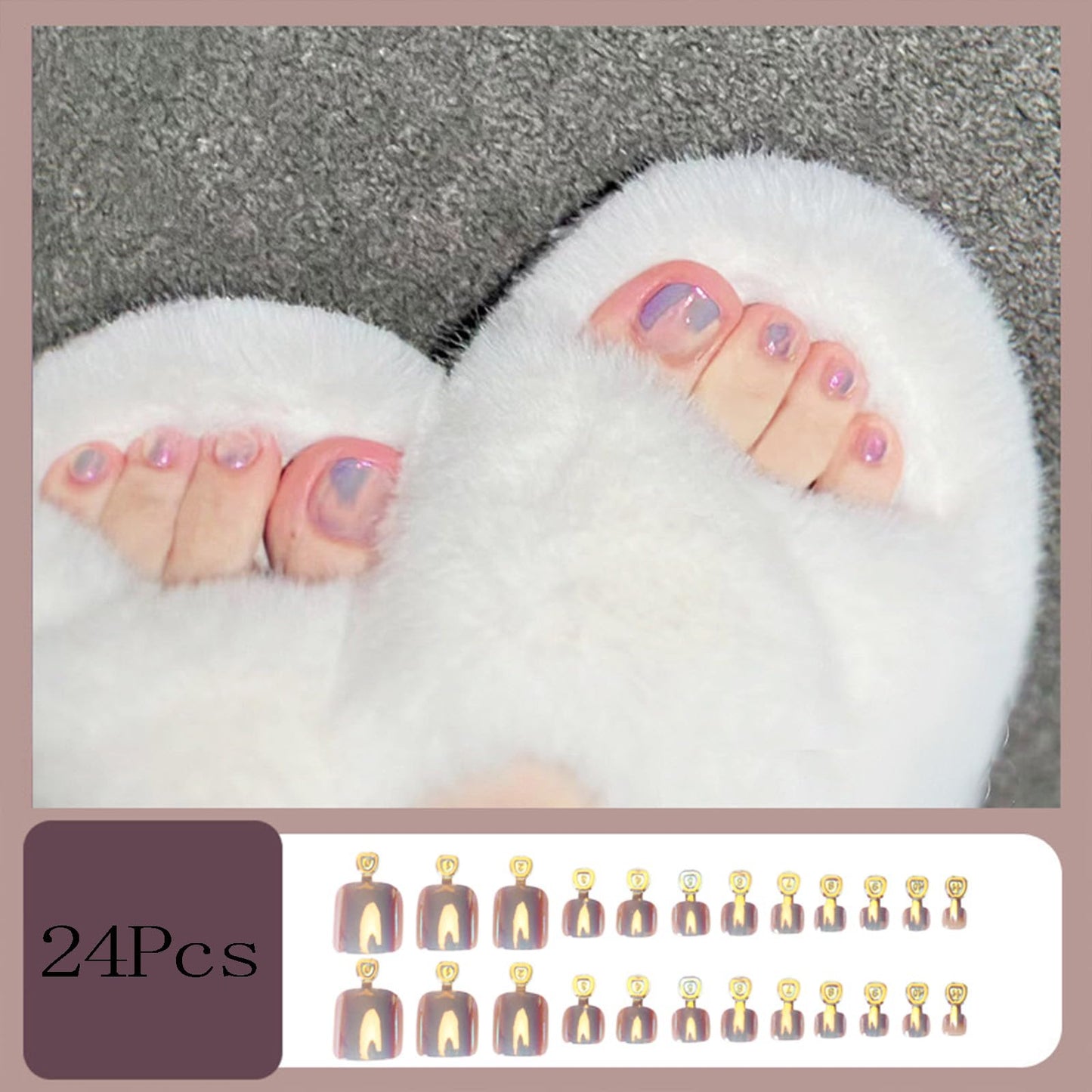 Chrome Press on Toenails Gold Glossy Acrylic Toe Nails Press on Short Square Fake Toenails Finish Full Cover False Toenails with Aurora Powder Designs Cute Artificial Glue on Toenails for Women 24Pcs