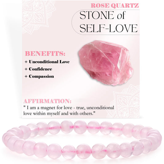 Bivei Rose Quartz - Self-Love - 6mm Beaded Bracelets for Women Handmade Semi Precious Natural Stone Stretch Elastic Jewelry for Women Yoga Protection Gifts Small