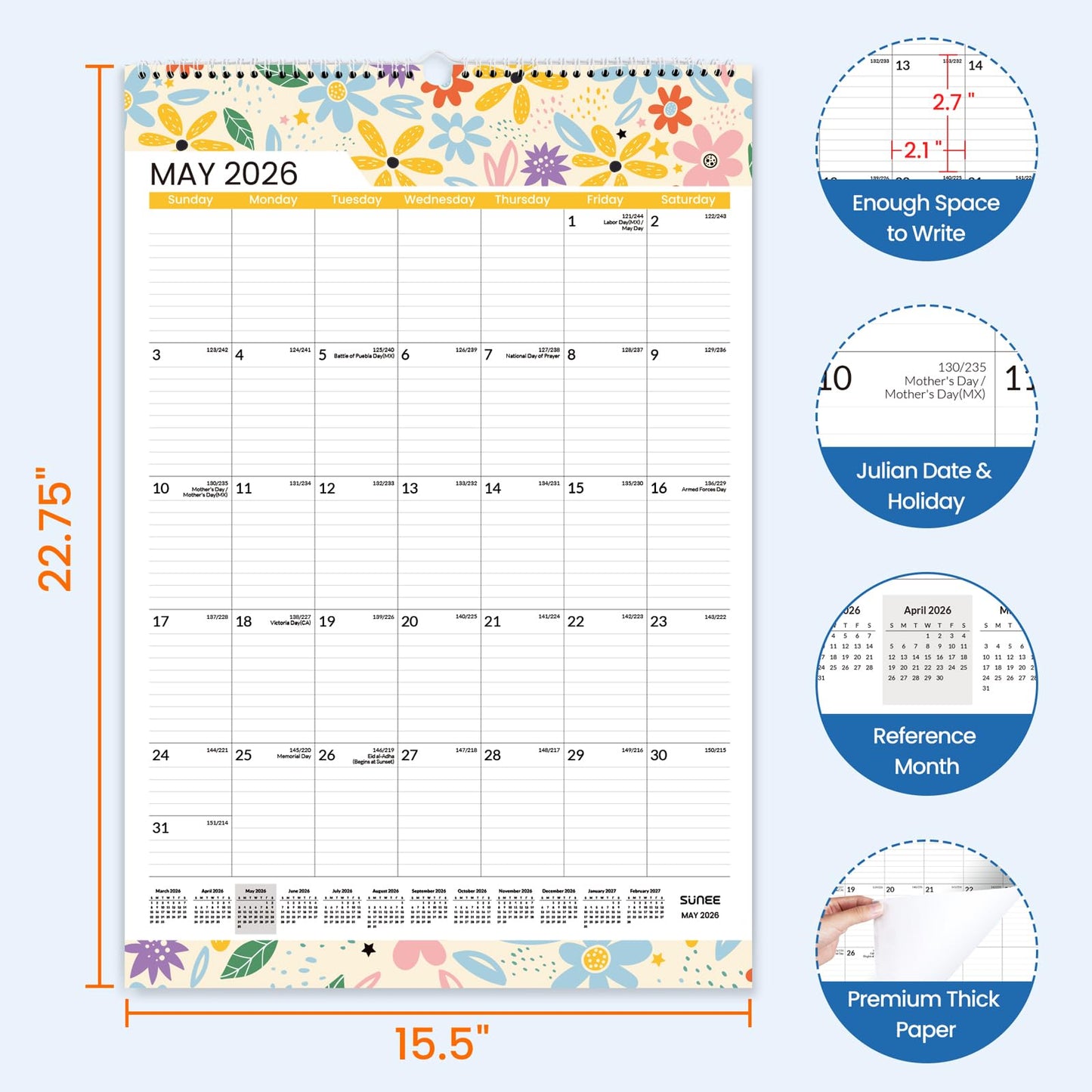 SUNEE 2026 Wall Calendar Large 22.75"x15.5", 21 Month Calendar (Ends December 2027), Vertical Extra Large, Seasons Color