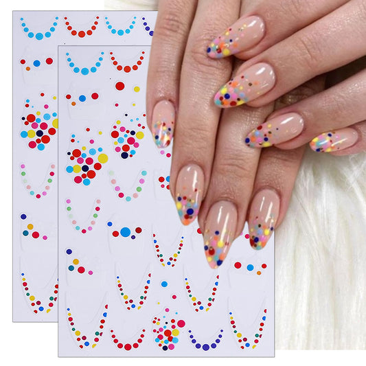 IDDFEVE French Rainbow Dot Nail Stickers - French Line Balloon Party Self-Adhesive Nail Art Decals for Women Girls, DIY Colorful Christmas New Year Celebration Pride Month Manicure (4 Sheets)