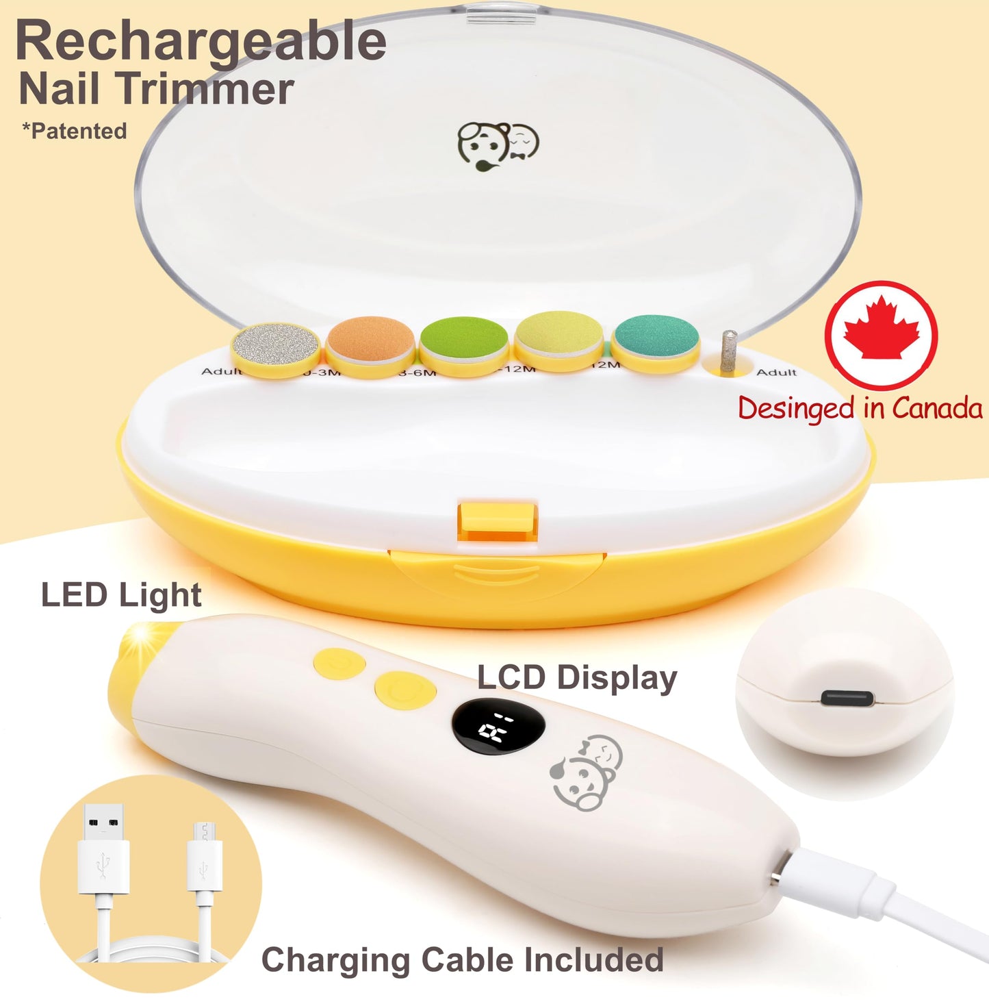 Royal Angels Rechargeable 22 in 1 Baby Nail Trimmer with LCD Display, Labeled Case, 13 Extra Pads, Safe Quiet LED Light Electric Baby Nail File Kit for Newborns Toddlers (Mango)