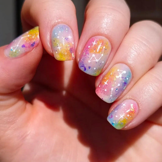 Square Press on Nails Short Fake Nails with Stars Glitter Gradient Designs Nails Press ons Colorful Glue on Nails Glossy Acrylic Nails Artificial False Nails Cute Stick on Nails for Women 24Pcs