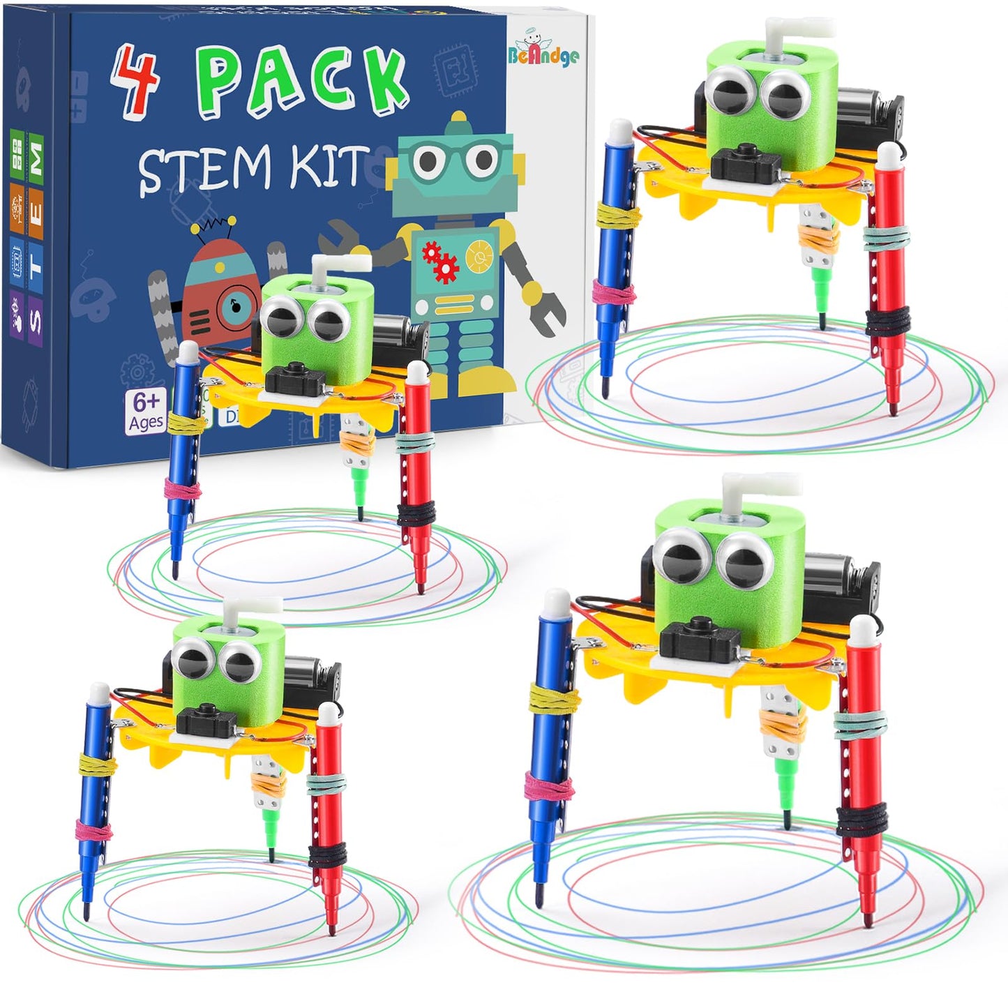 Bulk STEM Craft Kits for Kids 8-12: 4-Pack Doodling Robot Building Kits, Classroom Activities & Science Experiments, Educational Robotics DIY Project for Boys Girls, STEM Toys for School Clubs