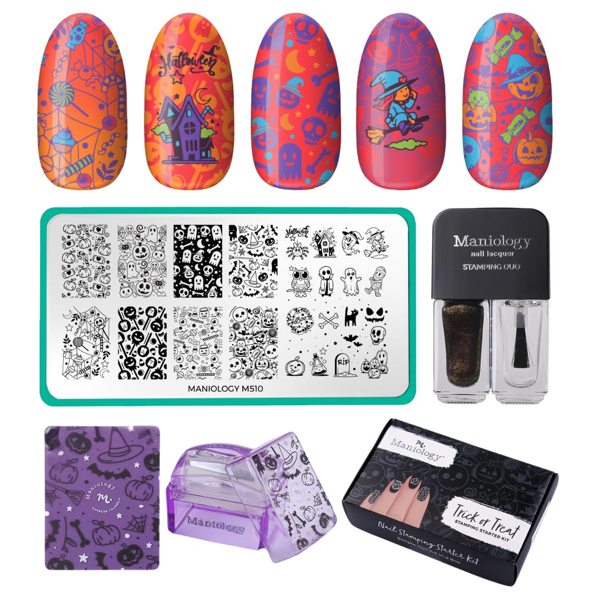 Maniology Trick or Treat Nail Stamping Starter Kit | Spooky, Cute & Classic Halloween Nail Art Designs – Includes Stamping Plate, Polish, Top Coat, Stamper & Scraper Card for Fun DIY Manicures