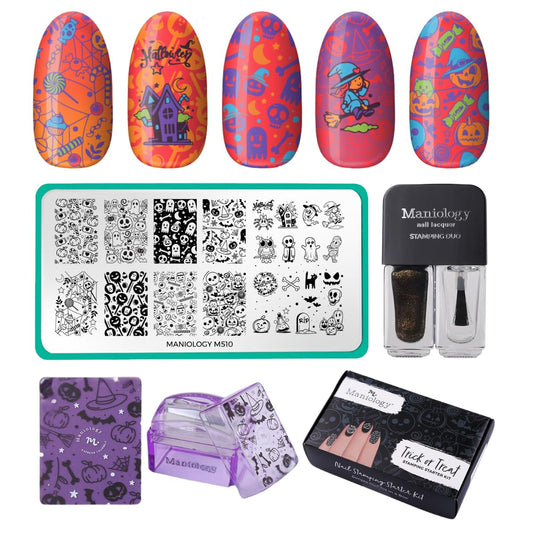 Maniology Trick or Treat Nail Stamping Starter Kit | Spooky, Cute & Classic Halloween Nail Art Designs – Includes Stamping Plate, Polish, Top Coat, Stamper & Scraper Card for Fun DIY Manicures