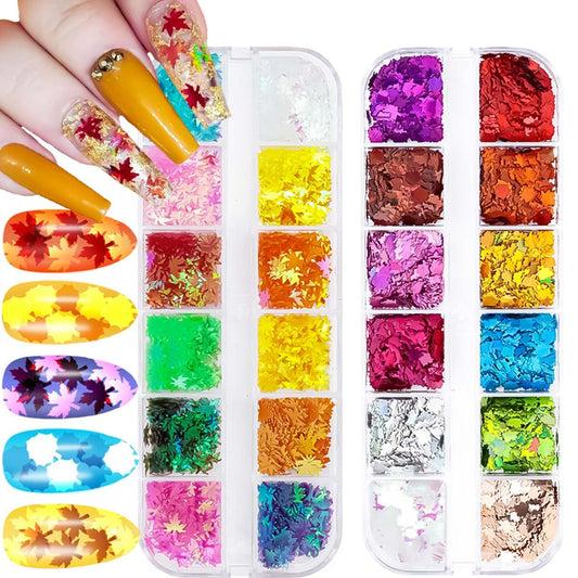 2 Boxes Maple Leaf Glitter Nail Art Sequins 3D Fall Leaves Glitters Flakes Autumn Nail Art Glitter Sequins Holographic Glitter Design Nail Supplies for Women DIY Manicure Accessories Decorations