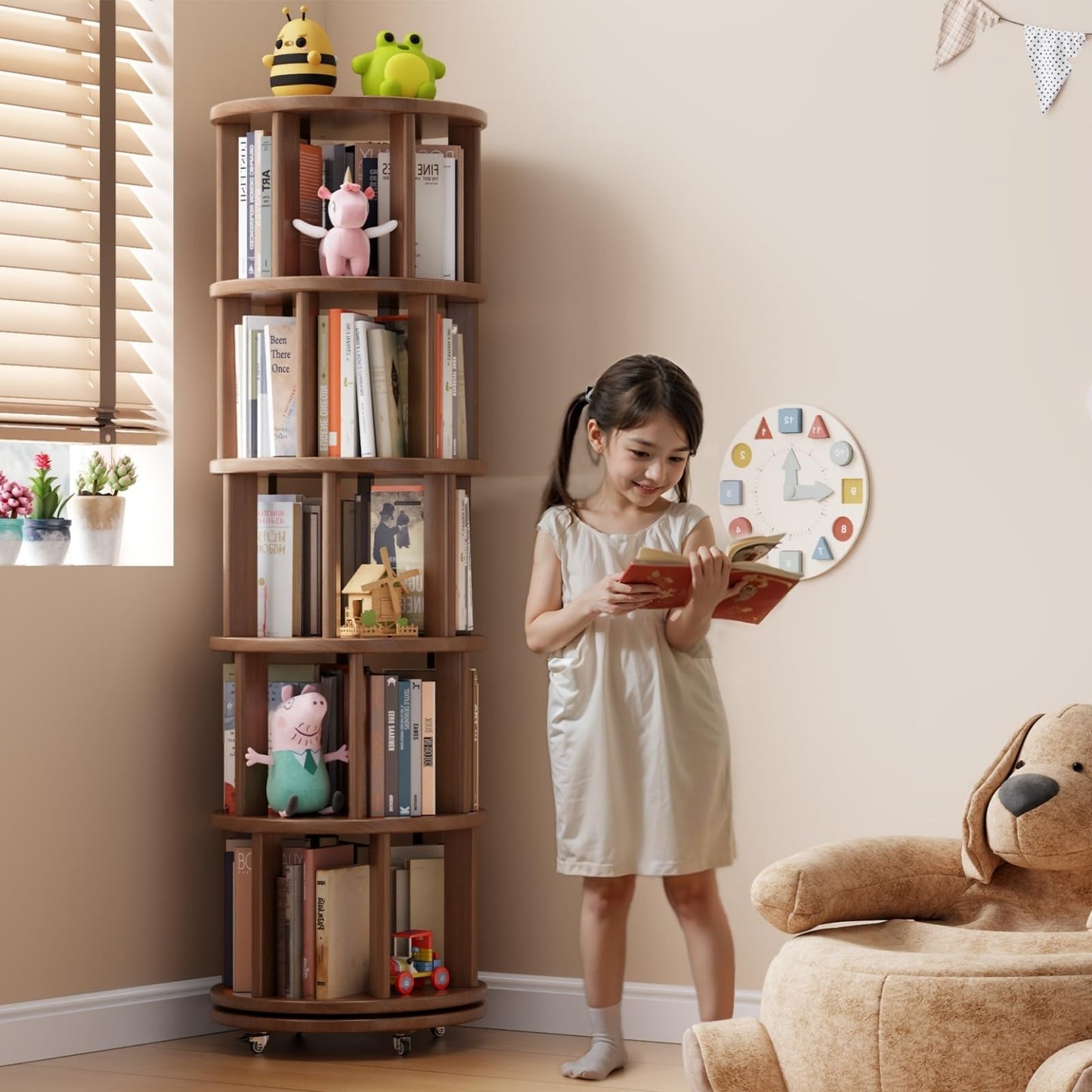Muwuele Solid Wood Rotating Bookshelf on Wheels, 5 Tier, Round Revolving Bookcase, 360° Spinning Book Shelf Tower for Kids, Narrow Rolling Bookshelves for Small Space, Corner, Bedroom, Office, Walnut